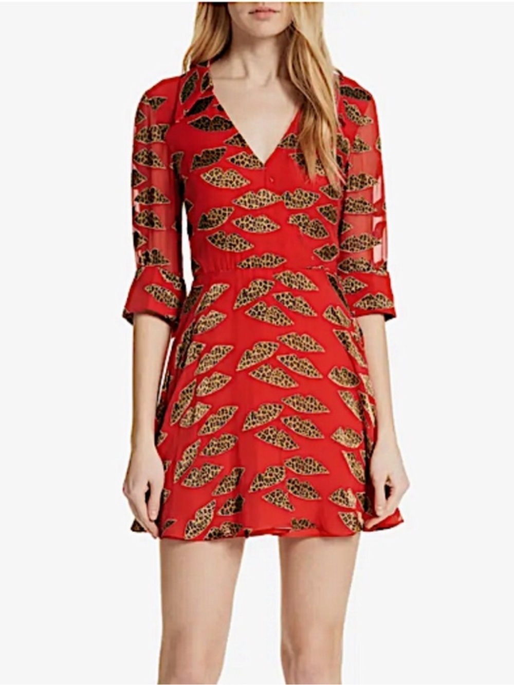 ALICE + OLIVIA x Donald Robertson Catina Faux-Wrap Cheetah Lips Dress sz 12